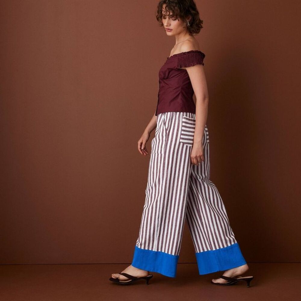 Women's Striped Drawstring Wide Leg Pants - Rosie Assoulin Burgundy/Blue M - Picture 4 of 4